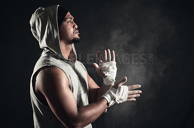 Buy stock photo Man, dust and sport workout with fitness in studio for training, exercise and serious for weightlifting. Bodybuilder, pro athlete or champion in gym for power challenge and mockup on black background