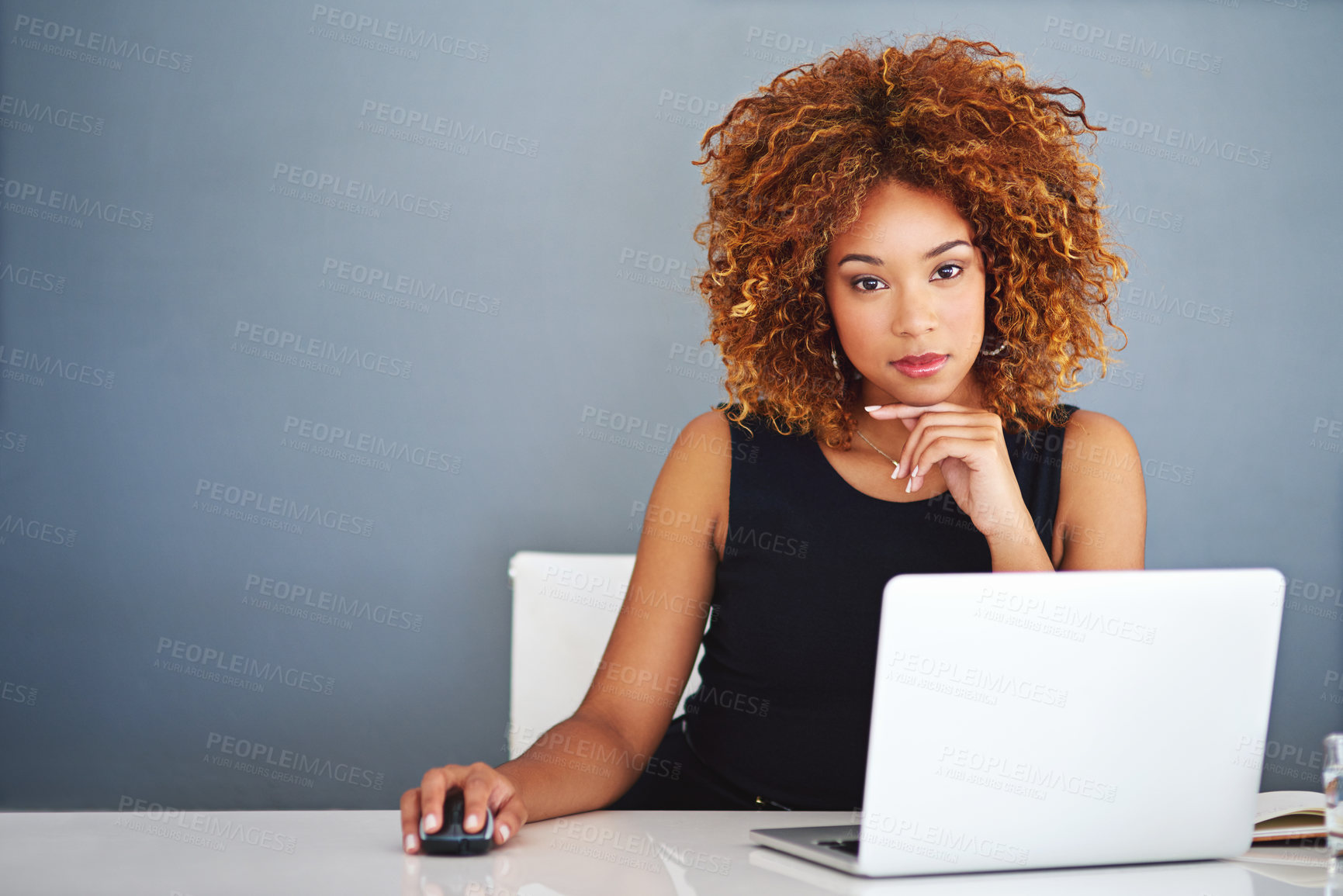 Buy stock photo Business, serious and portrait of woman with laptop, studio and mockup for online project, research or admin. Confidence, professional and consultant with computer, desk and agenda on blue background