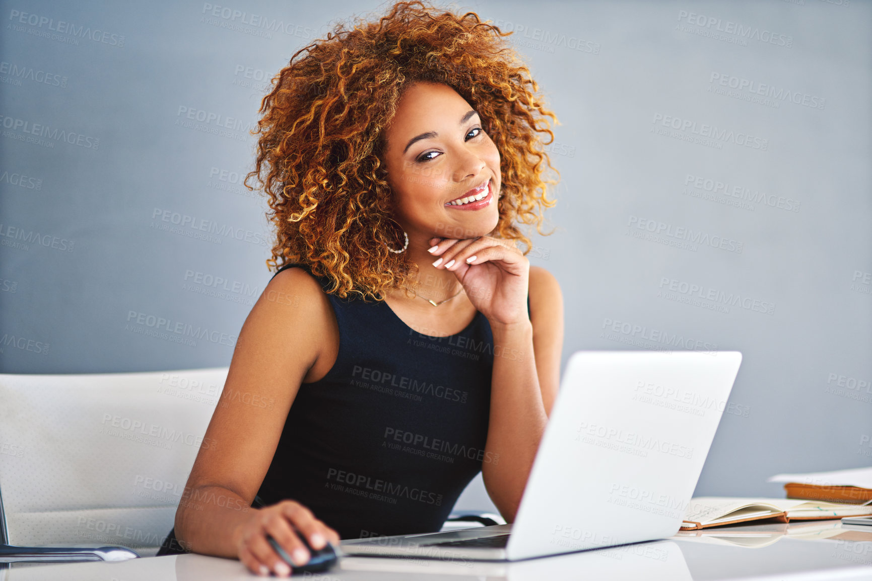 Buy stock photo Office, studio and happy woman with portrait, laptop and business for online project, research or admin. Confidence, opportunity and consultant with computer, networking and agenda on blue background