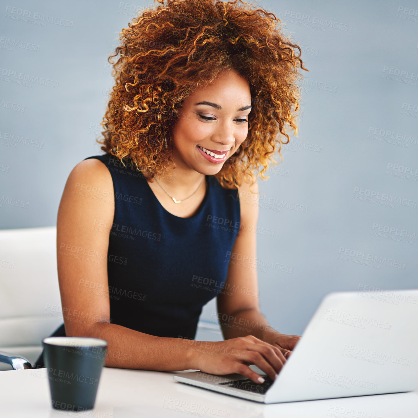 Buy stock photo Business, smile and woman with laptop, typing and networking for online project, research or planning in office. Writing, ideas and happy consultant at desk with computer, email and blue background.