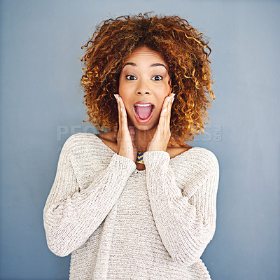 Buy stock photo Portrait, surprise and woman with wow, excited and announcement on gray studio background. African person, model or girl with facial expression, shocked and emoji with reaction or discount deal