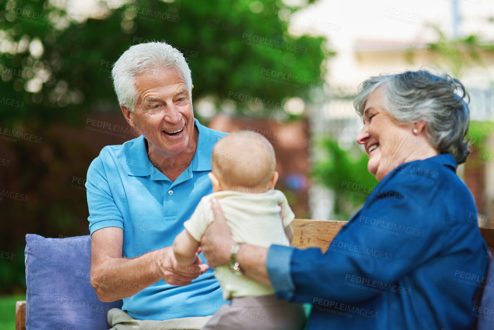 Buy stock photo Park, boy and grandfather with grandmother, playful and bonding together with happiness. People, family and generations with love, fun and smile with nature, couple and outdoor with weekend break