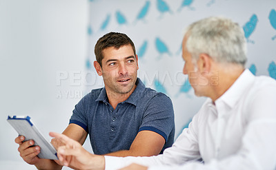 Buy stock photo Business men, meeting and tablet with eco staff and bird stats data for conservation and talk. Tech, employee and digital analytics with communication and strategy in conference room with planning