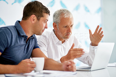 Buy stock photo Business people, laptop and finance discussion in office, collaboration and online for company audit. Partnership, men and research for savings opportunity at agency, talking and coffee for budget