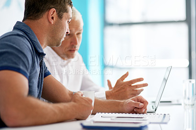 Buy stock photo Laptop, discussion and business men with documents for collaboration, planning and meeting review. Corporate, professional and boss with worker on computer for website, research or feedback in office