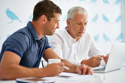 Buy stock photo Laptop, manager and business man in office for collaboration, planning and meeting for review. Corporate training, professional and men with documents on computer for website, research and feedback