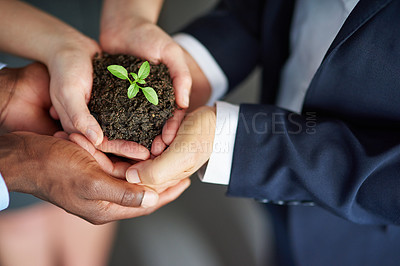 Buy stock photo High angle shot of a young plant being held by three businesspeople