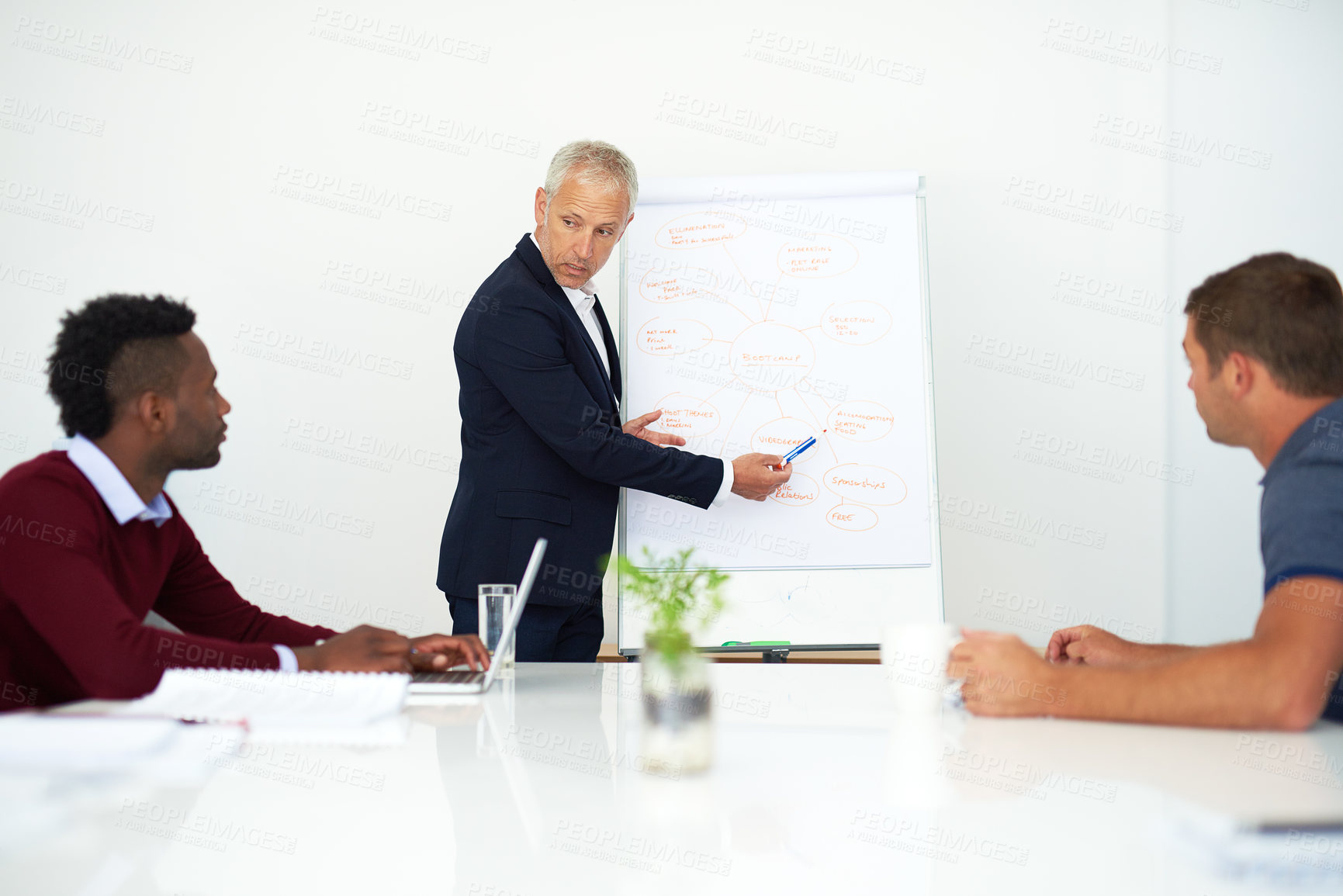 Buy stock photo Presentation, meeting and boss with business people and whiteboard for discussion, planning or workshop. Corporate, office and man with workers for financial review, brainstorming and collaboration