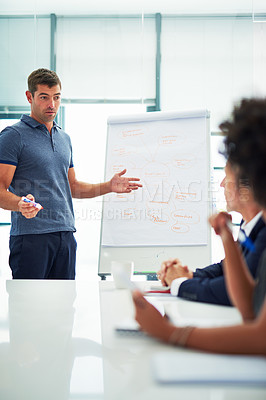 Buy stock photo Cropped shot of a young businessman giving a presentation in the boardroom