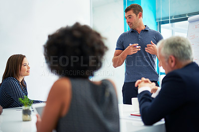 Buy stock photo Business man, pitch meeting and office presenter with board data with presentation or ideas in seminar. Proposal, speaker and conversation with work and public relations strategy in conference room