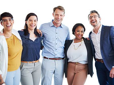 Buy stock photo Studio portrait of a team of colleagues standing together in unity against a white background