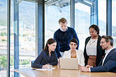 Buy stock photo Cropped shot of corporate businesspeople meeting in the boardroom