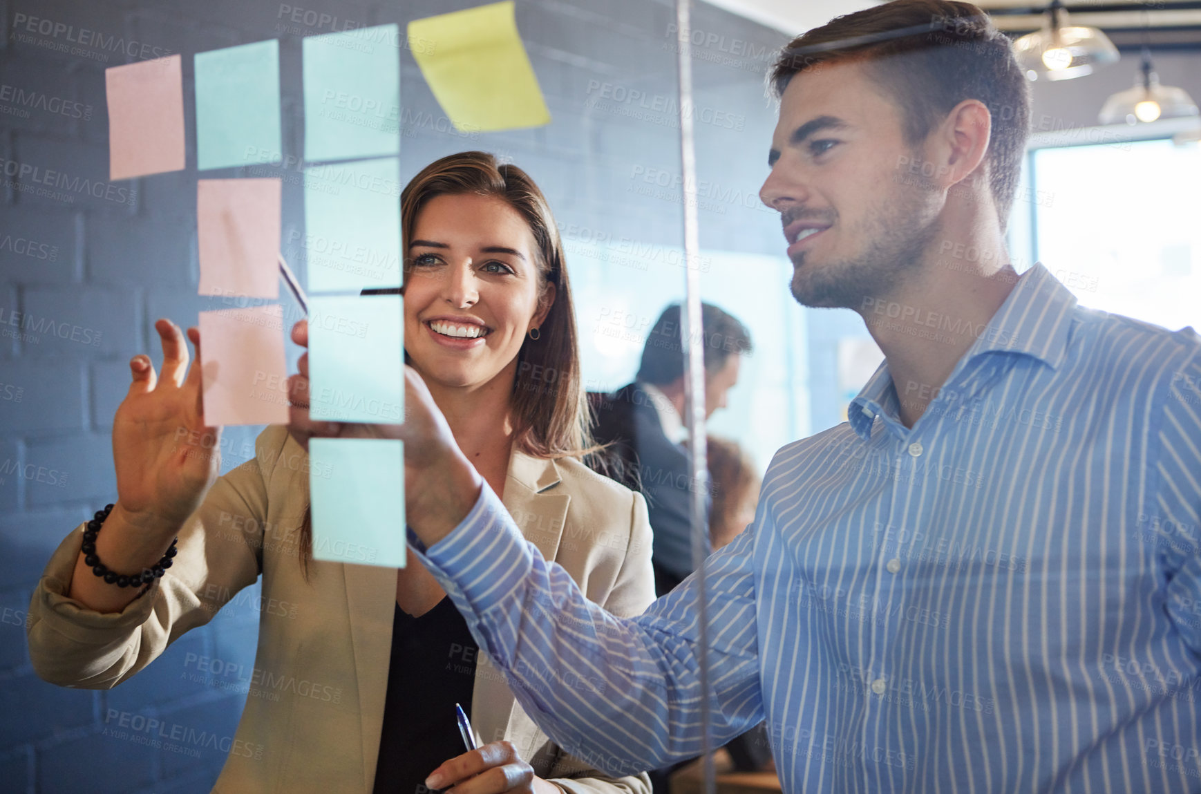 Buy stock photo Planning, sticky notes or people in meeting with glass wall, feedback or idea for company proposal. Happy, team or marketing director in office with board, collaboration or brainstorming for campaign