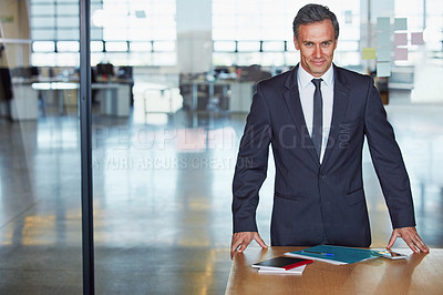 Buy stock photo Portrait, leadership and business man in office ready for targets or goals. Ceo, boss and happy male entrepreneur from Canada standing in company workplace with vision, mission and success mindset.