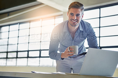 Buy stock photo Business man, laptop and information technology with software development with coffee cup and internet. Corporate IT employee, ux with system upgrade and connectivity, wifi and tech with programming