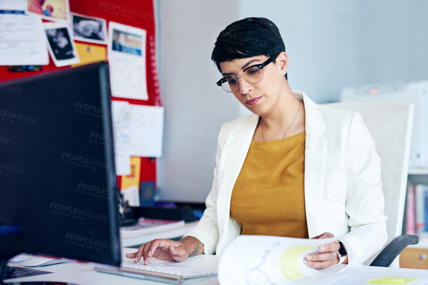 Buy stock photo Business, woman and computer with document in office as receptionist, financial schedule and email feedback. Female administrator, glasses and pc for project budget, agenda information and data entry