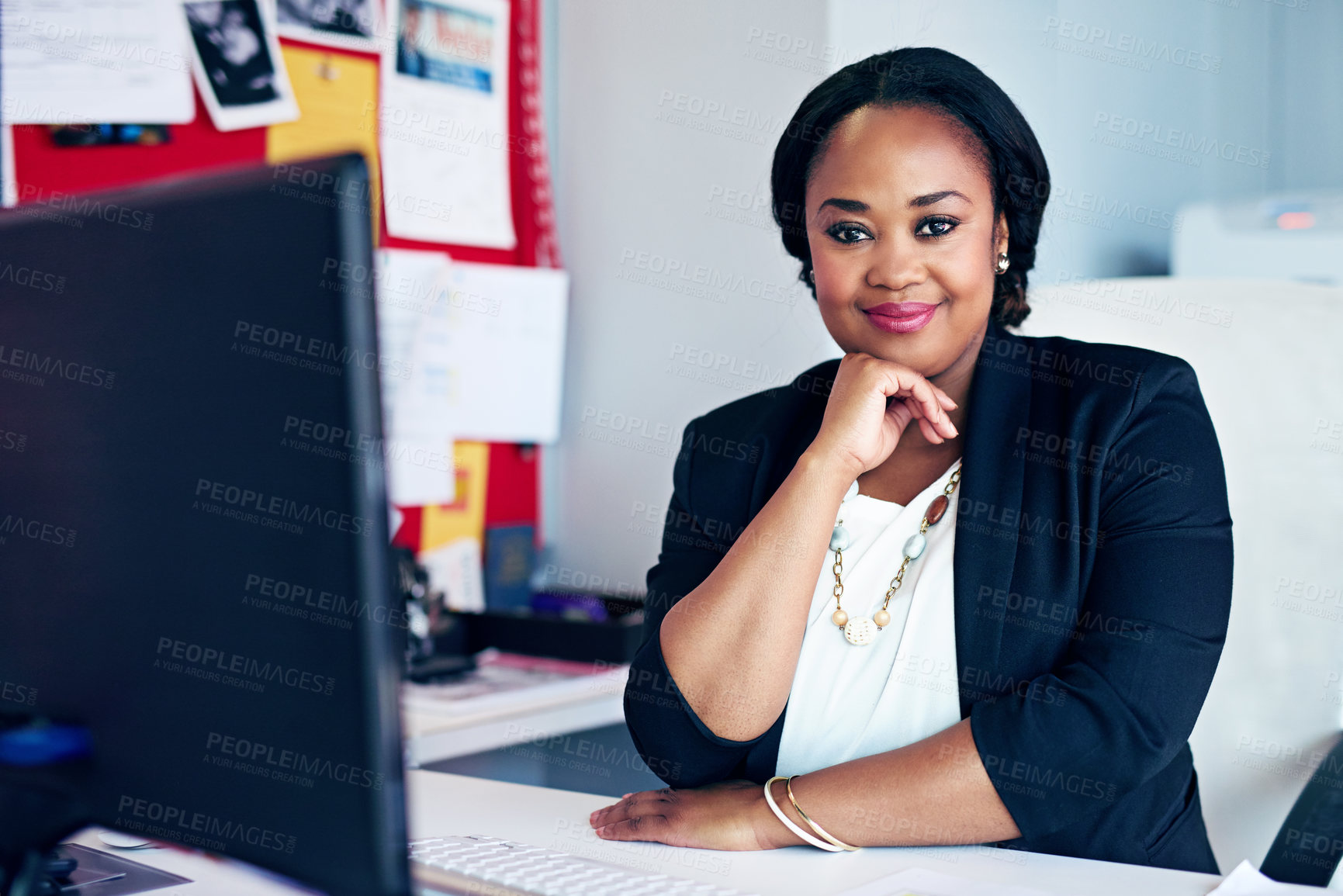 Buy stock photo Portrait, confident and black woman with computer in office as receptionist, financial schedule and email feedback. Smile, female person and pc for project research, agenda information and data entry