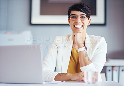 Buy stock photo Cropped portrait of a businesswoman sitting in her office