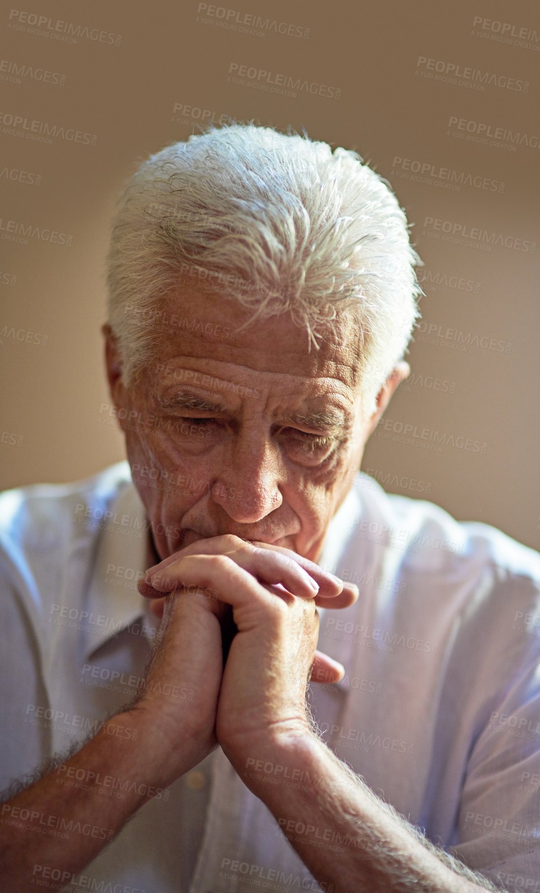 Buy stock photo Senior man, catholic and praying in home with hands for hail mary, God and Jesus Christ or heaven. Elderly person, confession and worship for faith, religion or Holy spirit as Christian saint in home