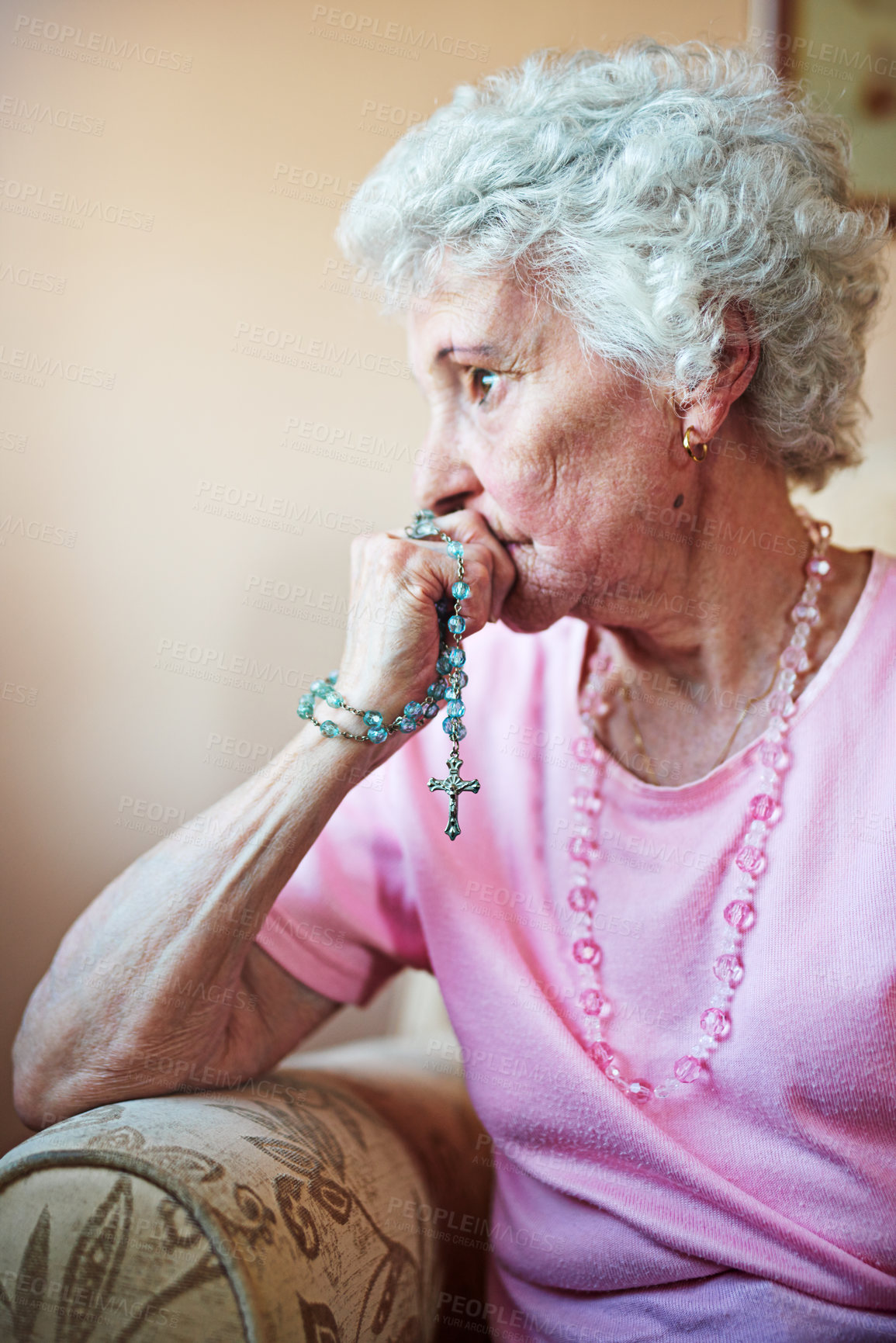 Buy stock photo Old woman, faith and rosary for prayer in home, spiritual worship and Christian meditation. Female person, holy beads and asking God or Jesus Christ for forgiveness, blessing and guidance in profile
