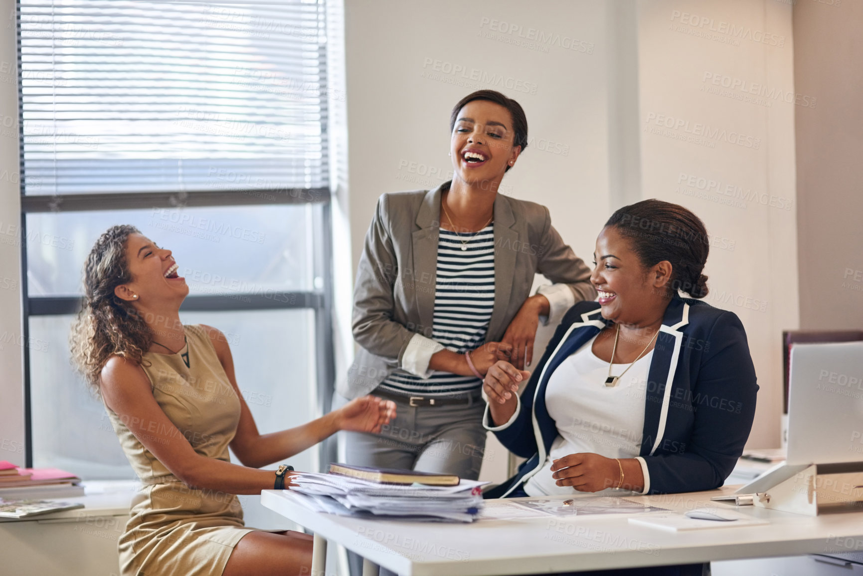 Buy stock photo Happy, business and women laughing in office with conversation, company gossip and funny joke. People, discussion and meeting with project planning, feedback chat and comedy for creative proposal 