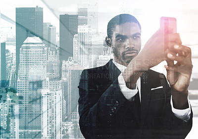 Buy stock photo Businessman, city and phone for overlay and planning, networking and app for communication. Black male person, lawyer professional and double exposure in workplace, website and research for company