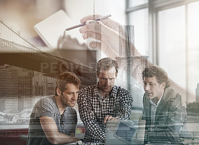 Buy stock photo Multiple exposure shot of colleagues working together on a laptop superimposed over a designer using a digital tablet and an urban background