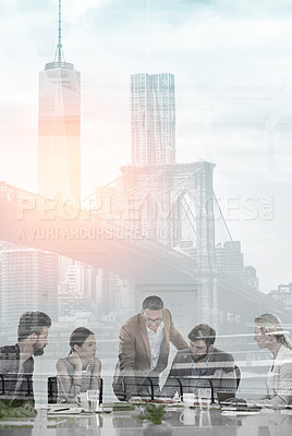 Buy stock photo Multiple exposure shot of colleagues having a meeting superimposed over a city background