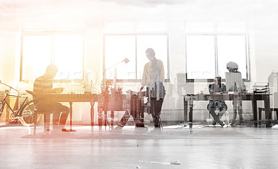Buy stock photo Multiple exposure shot of colleagues working in a modern office superimposed over a city background