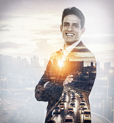 Buy stock photo Business man, arms crossed and city double exposure, happy in portrait with traffic, professional architect and career success. Confidence, ambition and sunset with urban overlay for architecture