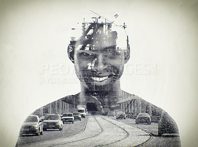 Buy stock photo Building, man and double exposure of city on portrait with infrastructure on white background or mockup. Happy, engineer and cutout of construction worker with development of African town or road