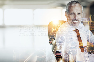 Buy stock photo Business man, senior and city double exposure, portrait and executive with success, mockup space and architect. Urban infrastructure, project manager and male CEO, highway traffic overlay and metro