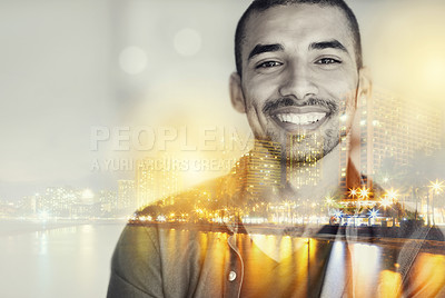 Buy stock photo Double exposure, city and portrait of business man for career, working and job opportunity. Professional, architecture mockup and face of person with overlay for b2b networking, building and career