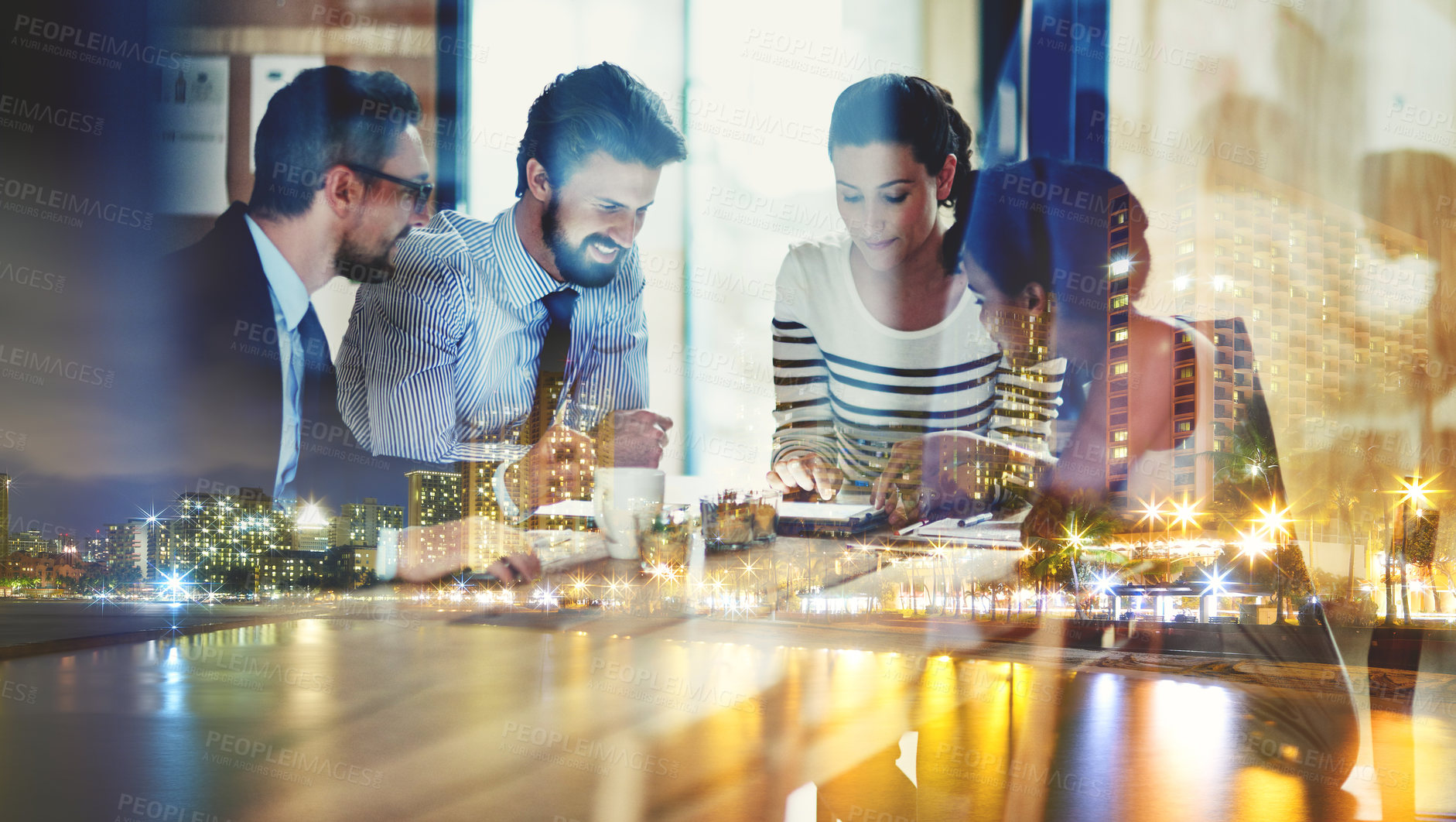 Buy stock photo Multiple exposure shot of a business group superimposed over a city