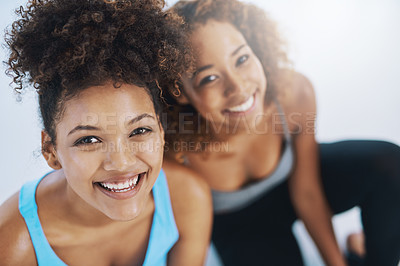 Buy stock photo High angle portrait of two young women after yoga class