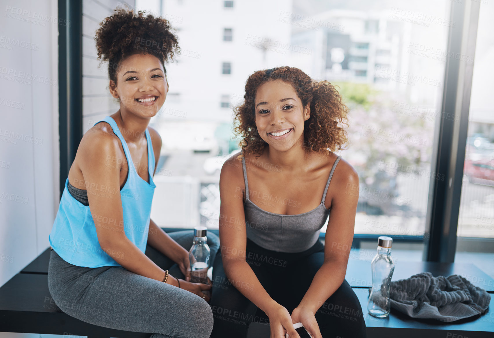 Buy stock photo Portrait, rest and women on yoga class break for support, wellness or health together to relax. Friends, proud girls or happy people with confidence, teamwork or smile in pilates studio for fitness