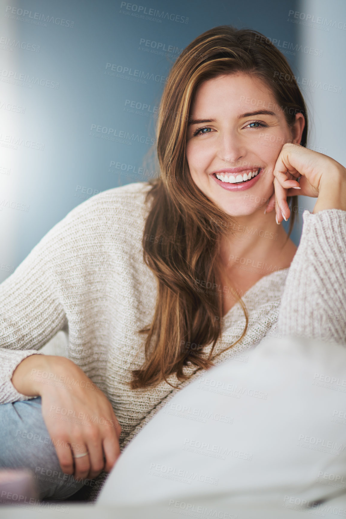 Buy stock photo Portrait, smile and woman relax on sofa in home living room on holiday. Face, happy or young female person from Canada on couch in lounge, apartment or house to enjoy me time, vacation or break alone