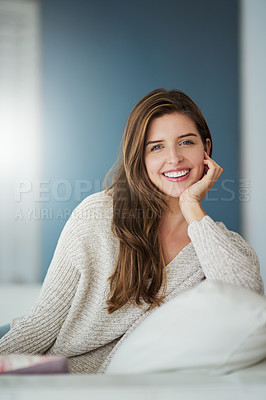 Buy stock photo Portrait, happy and woman relax on sofa in home living room for easy lifestyle. Face, smile or young female person from Canada on couch in lounge, apartment or house to enjoy me time, break or mockup
