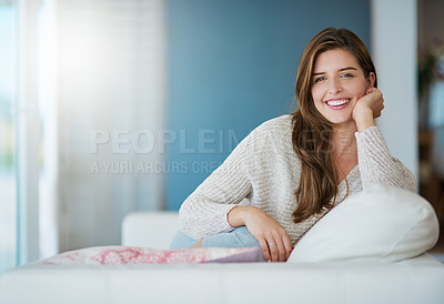 Buy stock photo Portrait, happy and woman relax in home living room for easy lifestyle on sofa. Face, smile and young person from Canada on couch in lounge, apartment or house to enjoy me time, break or mockup space