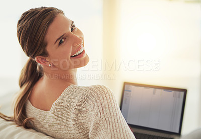 Buy stock photo Remote work, laptop and portrait of woman on sofa in home living room. Computer, freelancer and excited face of person from Canada on couch working on project for social media, email or mockup space.