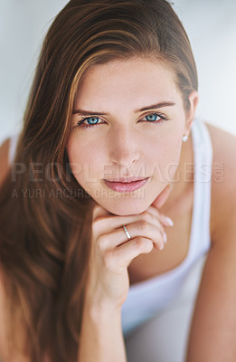 Buy stock photo Portrait, relax and thinking with woman in living room of home for contemplation, idea or wellness. Break, face and serious with confident person on sofa in apartment for rest or weekend time off