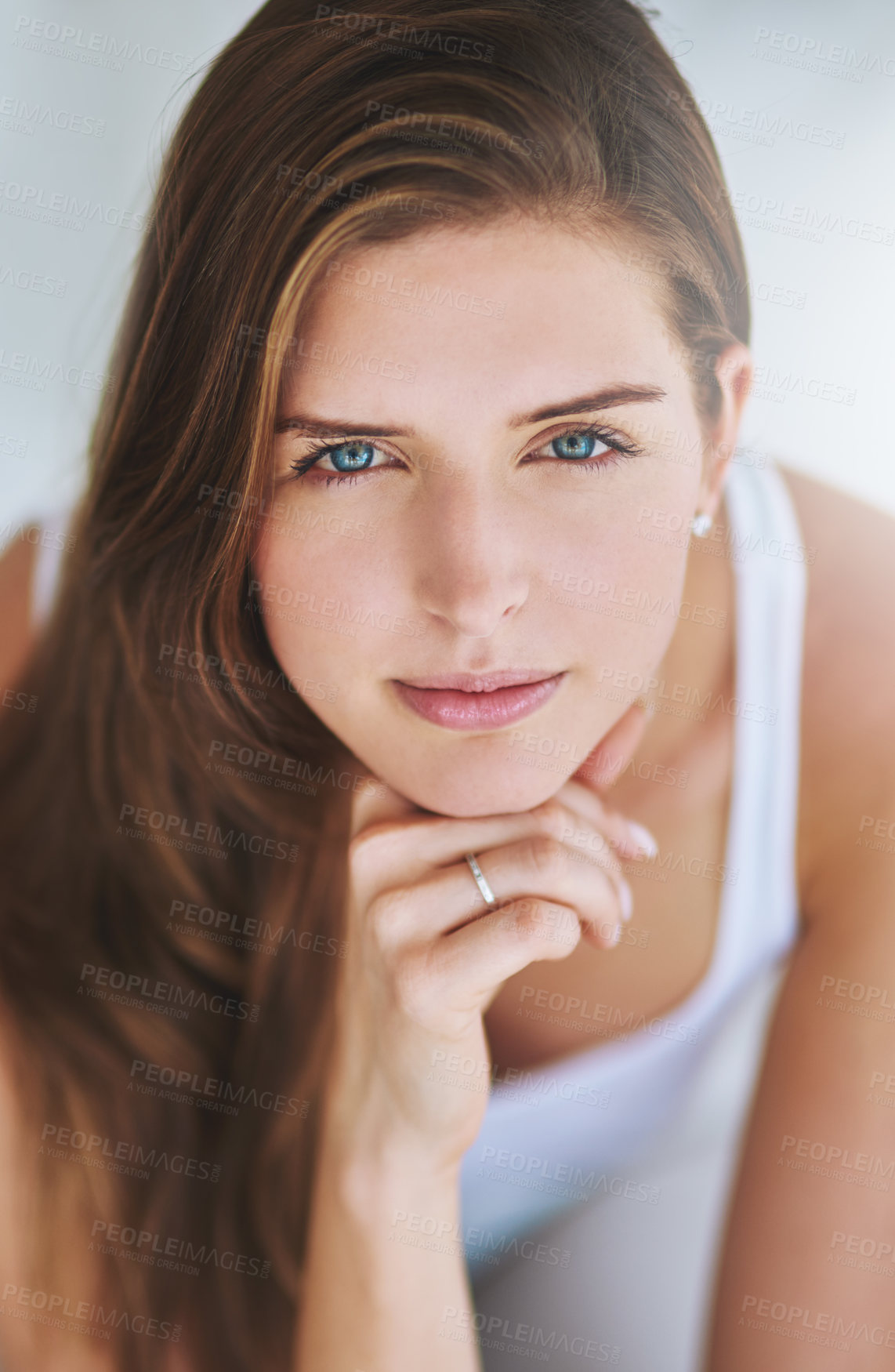 Buy stock photo Portrait, relax and thinking with woman in living room of home for contemplation, idea or wellness. Break, face and serious with confident person on sofa in apartment for rest or weekend time off