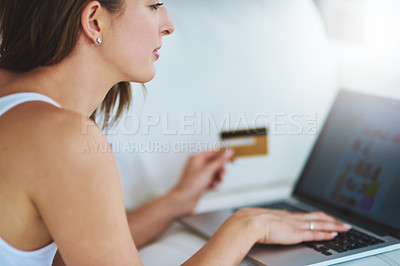 Buy stock photo Woman, home and laptop screen with credit card for online shopping on website on sofa. Female person, retail therapy and browsing internet for digital store for sales, purchase and payment on couch