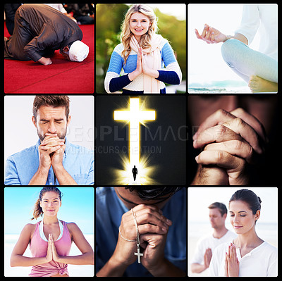 Buy stock photo Collage, people and religion for faith, worship and belief system for guide, yoga and god.  Women, men and holy for wellness for meditation, pray with cross for christian and dua for islam spiritual 