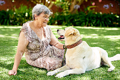 Buy stock photo Shot of a senior woman sitting outside with her dog