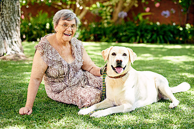 Buy stock photo Portrait of a senior woman sitting outside with her dog