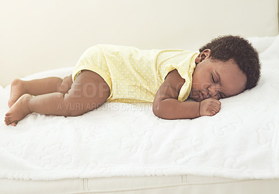 Buy stock photo Home, sleeping and black baby with rest, calm and break with fatigue, growth and child development. African kid, apartment and infant with newborn, relax and bedroom with comfort and adorable