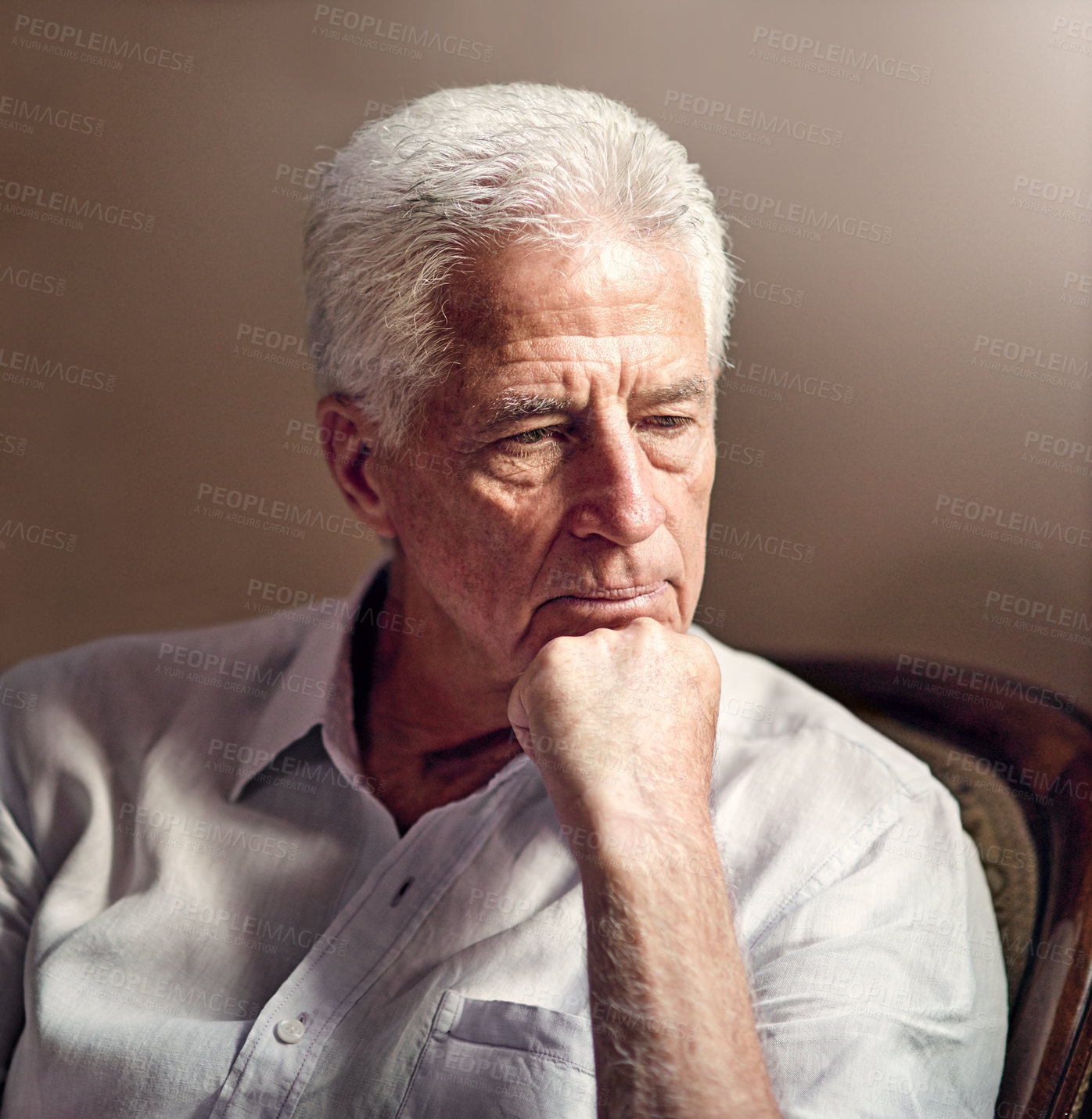 Buy stock photo Thinking, anxiety and senior man in home living room to remember memory, stress or reflection of crisis. Doubt, retirement and person with alzheimer, depression and worry for future decision in house