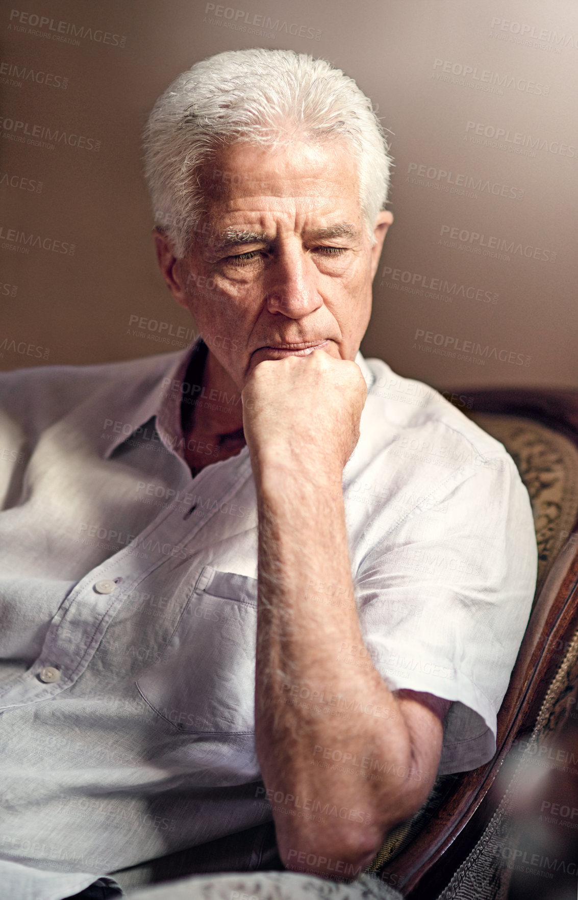 Buy stock photo Doubt, depression and senior man in home living room to remember memory, stress or reflection of crisis. Thinking, retirement and person with alzheimer, anxiety and worry for future decision in house