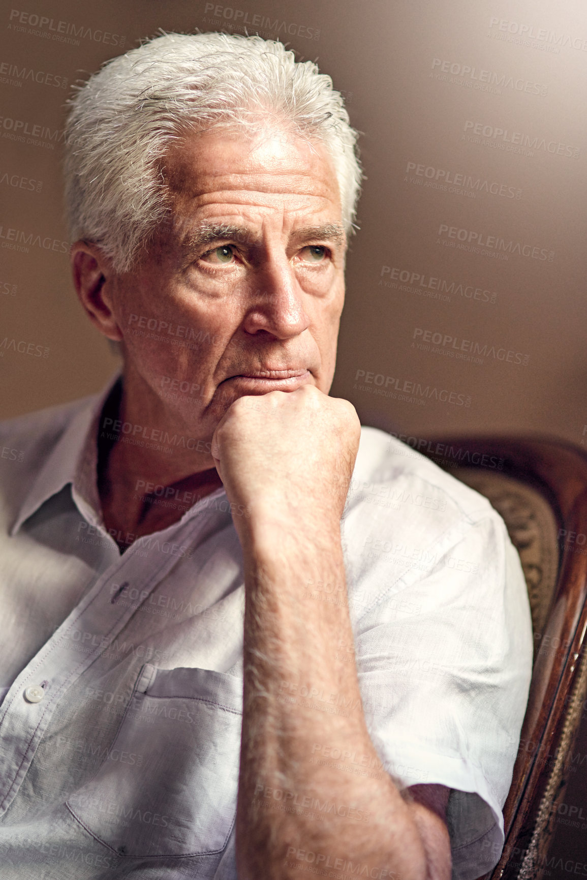 Buy stock photo Thinking, depression and senior man in home living room to remember memory, stress or reflection of crisis. Doubt, retirement and person with alzheimer, anxiety and worry for future decision in house